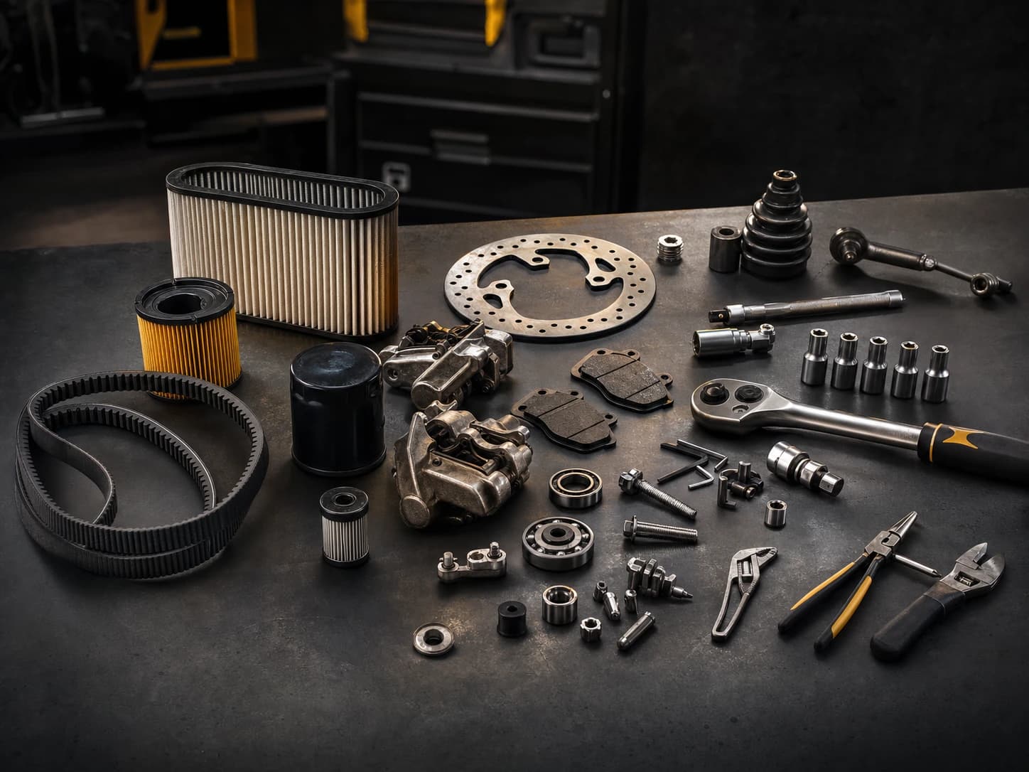 Powersports parts and tools in a service workshop
